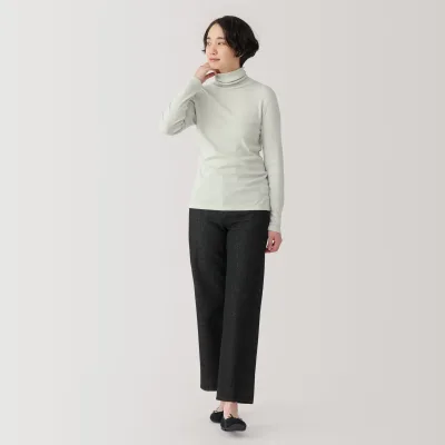 여성 소이 섬유 혼방 골지 터틀넥 긴팔 티셔츠
