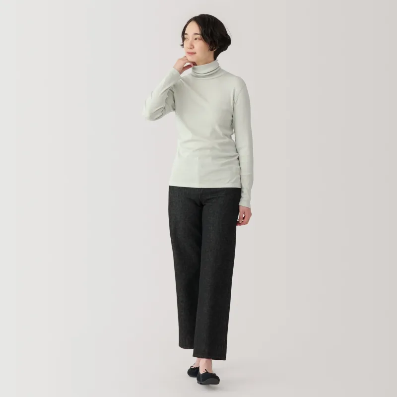 여성 소이 섬유 혼방 골지 터틀넥 긴팔 티셔츠