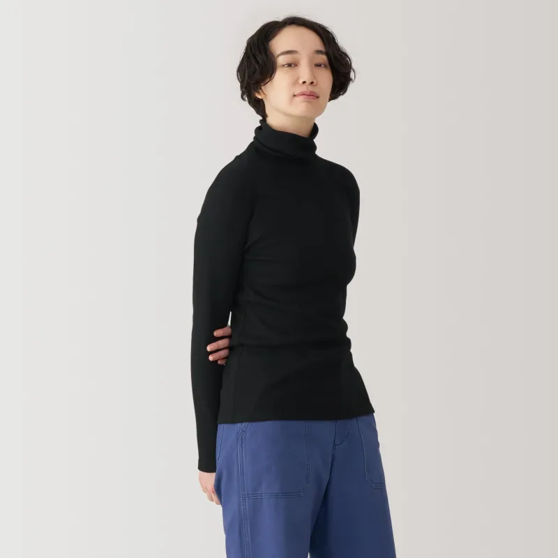 여성 소이 섬유 혼방 골지 터틀넥 긴팔 티셔츠