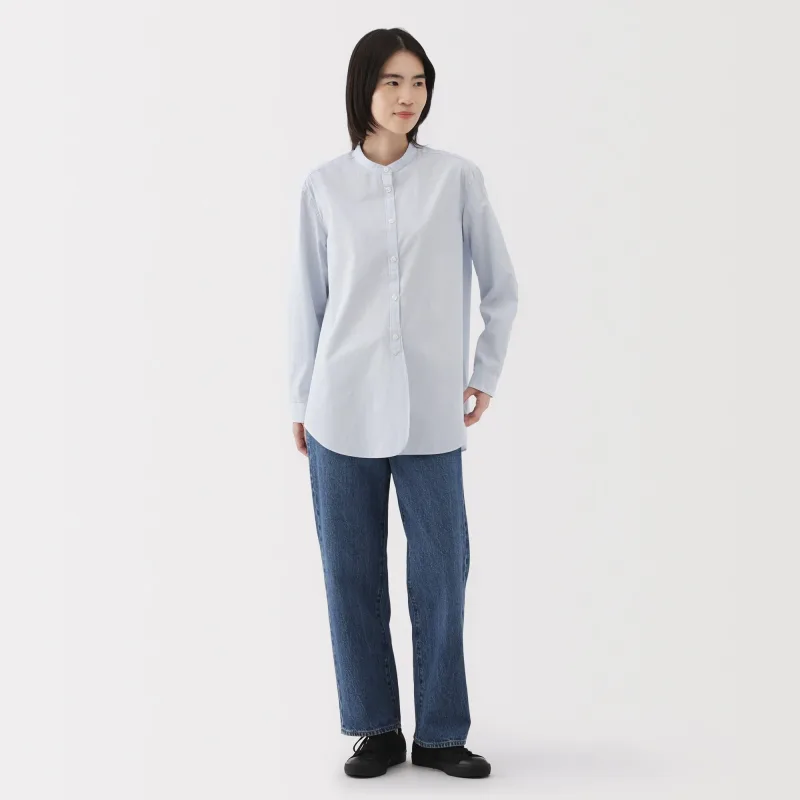 Women's Washed Broadcloth Stand Collar Long Shirt
