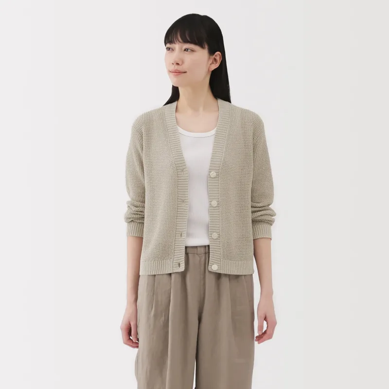 Women's Linen Blend Mesh V Neck Cardigan
