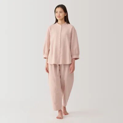 Women's Crinkle Gauze Stand Collar 3/4 Sleeve Pajamas