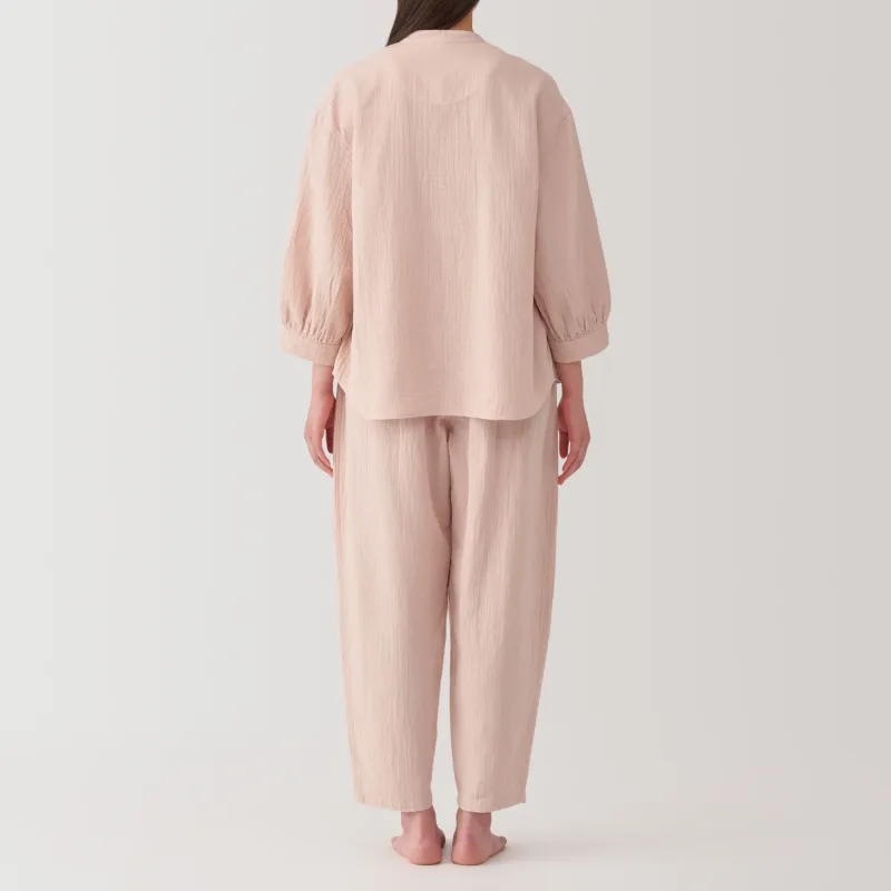 Women's Crinkle Gauze Stand Collar 3/4 Sleeve Pajamas