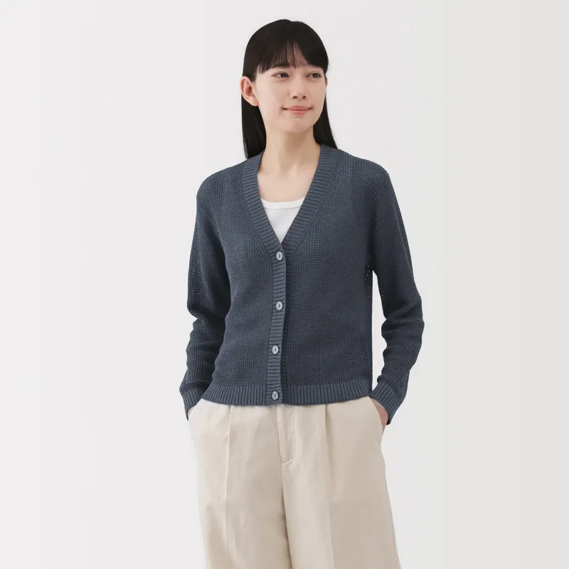 Women's Linen Blend Mesh V Neck Cardigan