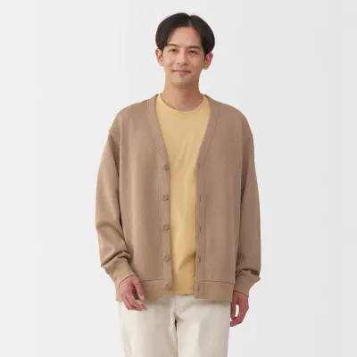 MUJI Herr Kort Cardigan med V-ringning i dubbelstickad bomullsblandning