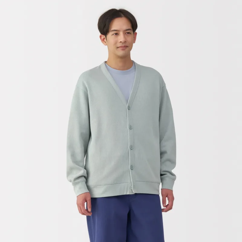 MUJI Herr Kort Cardigan med V-ringning i dubbelstickad bomullsblandning