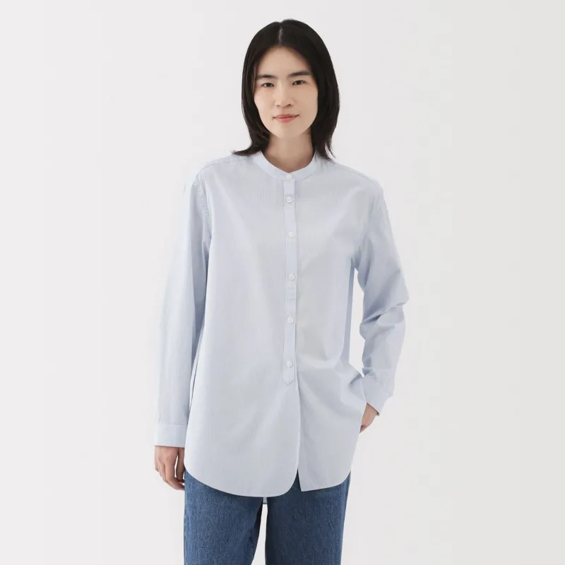 Women's Washed Broadcloth Stand Collar Long Shirt