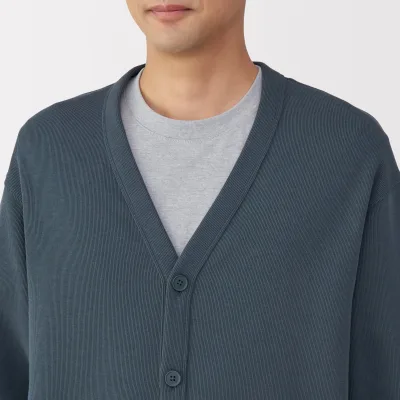 MUJI Herr Kort Cardigan med V-ringning i dubbelstickad bomullsblandning