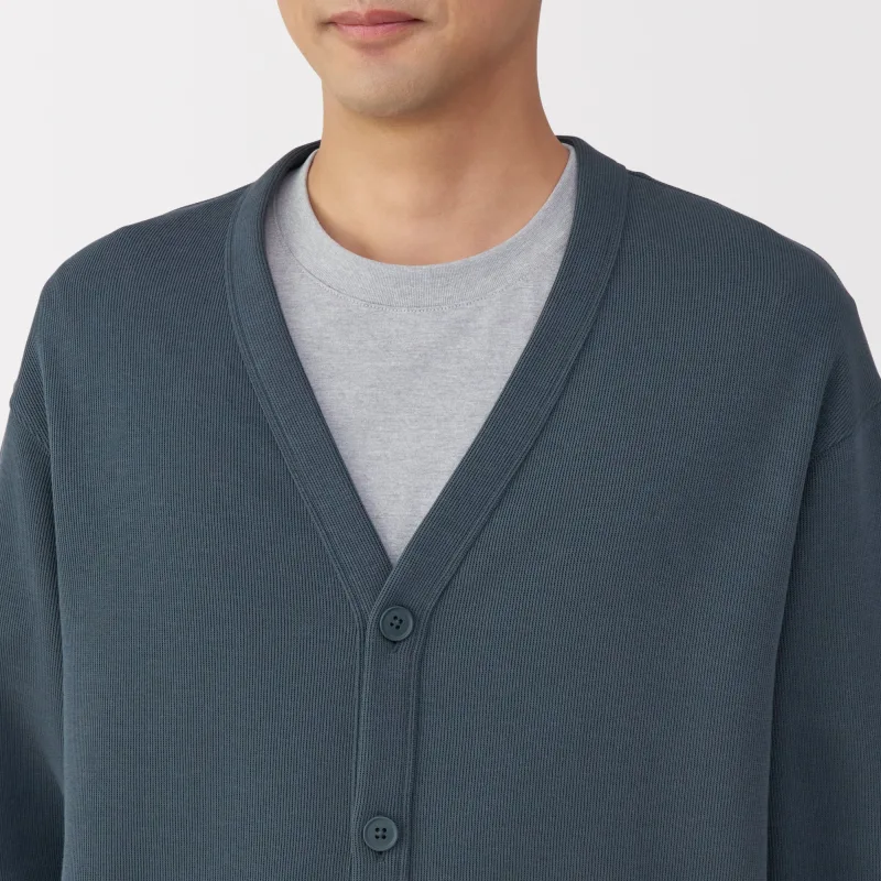 MUJI Herr Kort Cardigan med V-ringning i dubbelstickad bomullsblandning