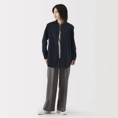 Women's Washed Broadcloth Stand Collar Long Shirt