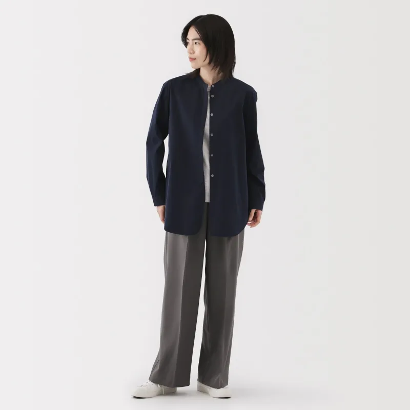Women's Washed Broadcloth Stand Collar Long Shirt