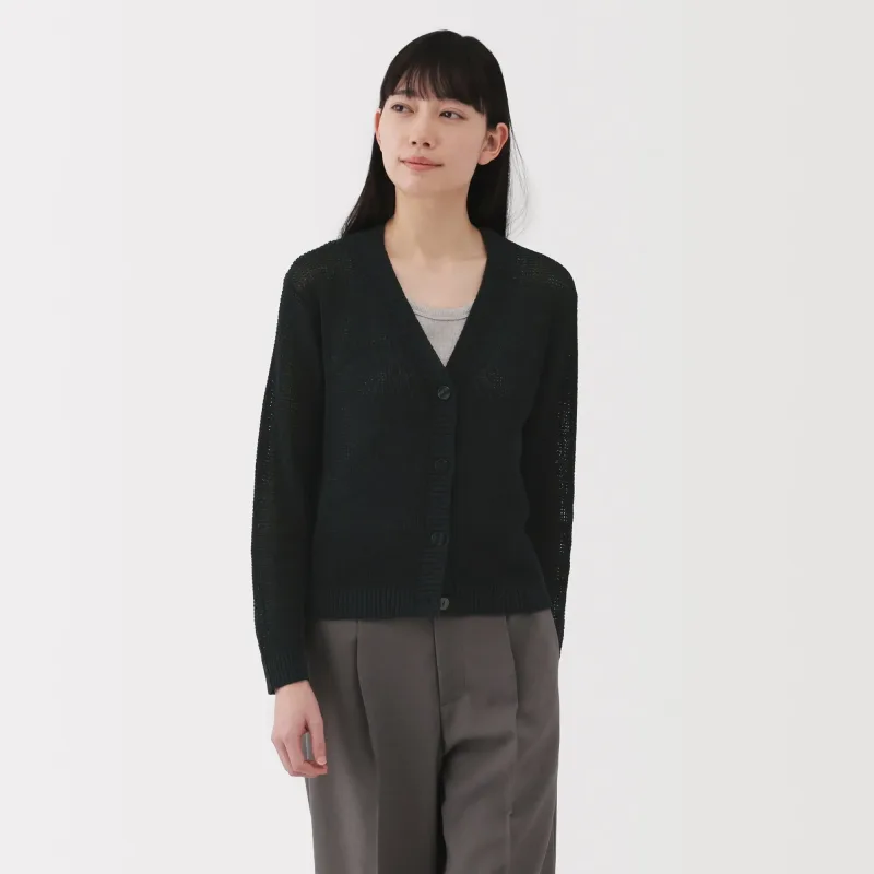 Women's Linen Blend Mesh V Neck Cardigan
