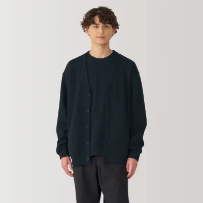 MUJI Herr Kort Cardigan med V-ringning i dubbelstickad bomullsblandning