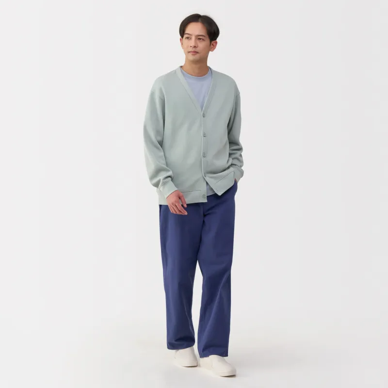 MUJI Herr Kort Cardigan med V-ringning i dubbelstickad bomullsblandning