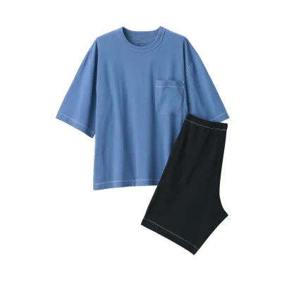 Conjunto de Loungewear Masculino de Manga Curta em Algodão com Absorção de Humidade