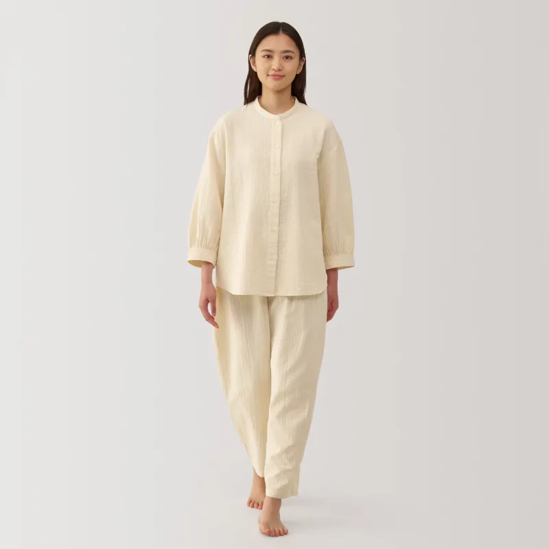 Women's Crinkle Gauze Stand Collar 3/4 Sleeve Pajamas