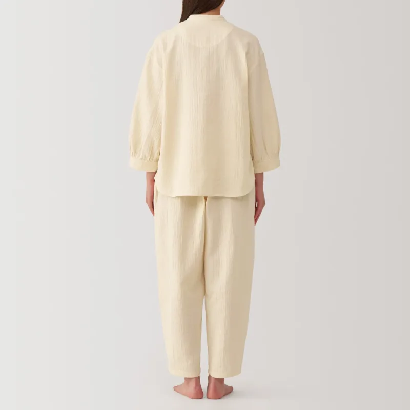 Women's Crinkle Gauze Stand Collar 3/4 Sleeve Pajamas