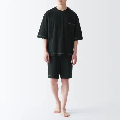 Conjunto de Loungewear Masculino de Manga Curta em Algodão com Absorção de Humidade