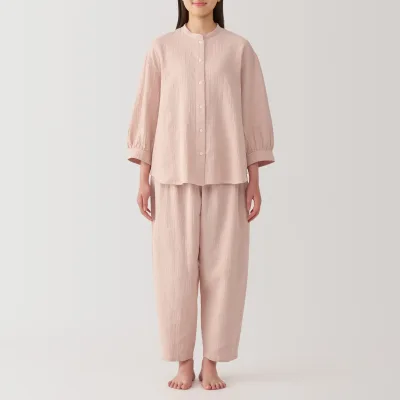 Women's Crinkle Gauze Stand Collar 3/4 Sleeve Pajamas