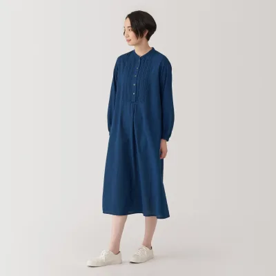 여성 코튼 보일 인디고 긴팔 원피스