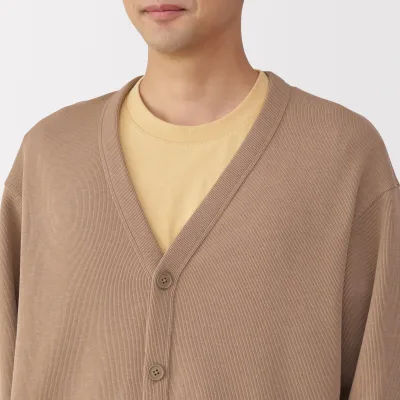 MUJI Herr Kort Cardigan med V-ringning i dubbelstickad bomullsblandning