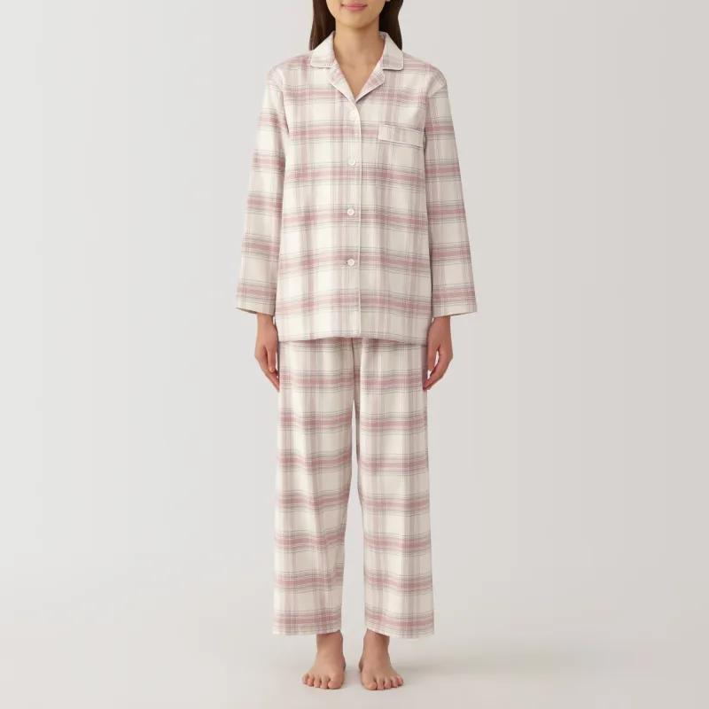 MUJI Women's Organic Cotton Flannel Pajamas with Side Seamless Design