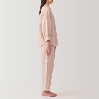 Women's Crinkle Gauze Stand Collar 3/4 Sleeve Pajamas