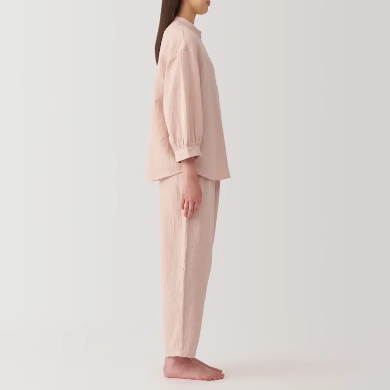 Women's Crinkle Gauze Stand Collar 3/4 Sleeve Pajamas